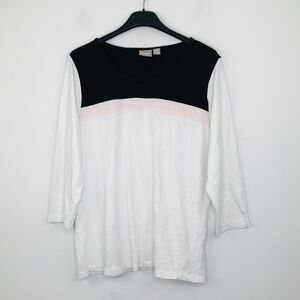 Chico's 2 Women's Large T-Shirt White Black Colorblock 3/4 Sleeve Scoop Tee BH16